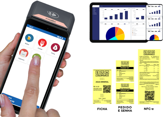 Sistema de PDV móvel com interface de aplicativo, gráficos de análise de vendas e etiquetas de produto